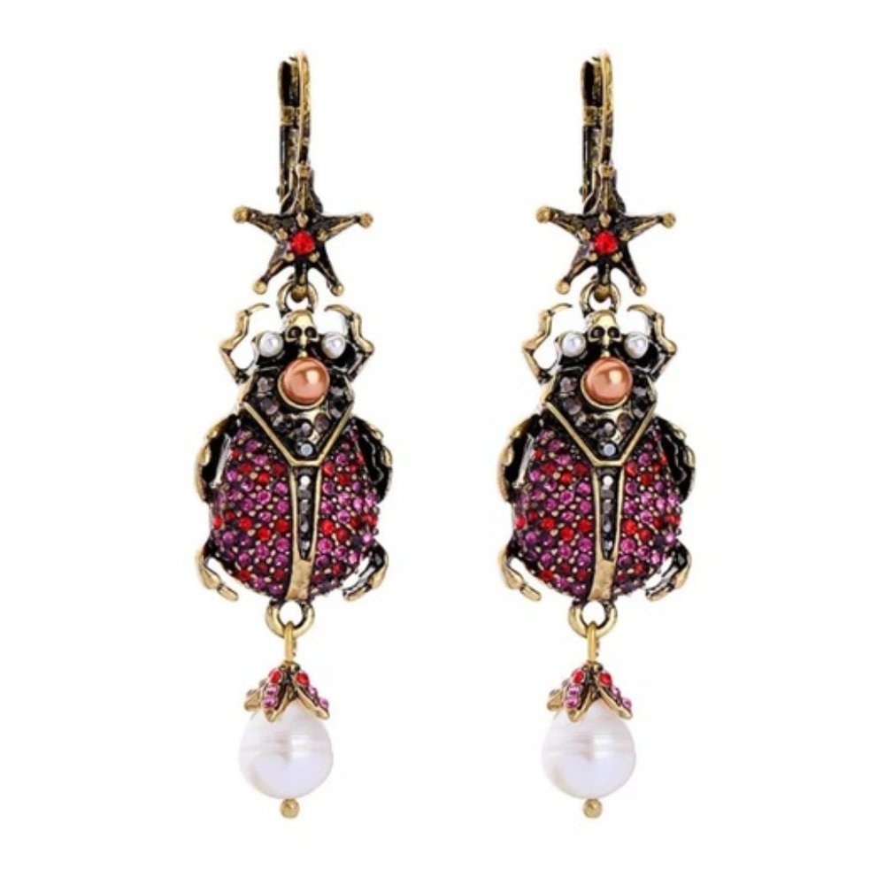 Anthropologie Red Pearl Star Bug Insect Earrings